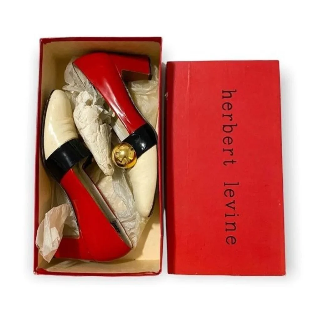 Vintage 1960s Herbert Levine Mod Patent Color Block Pumps Gold Orb Original Box